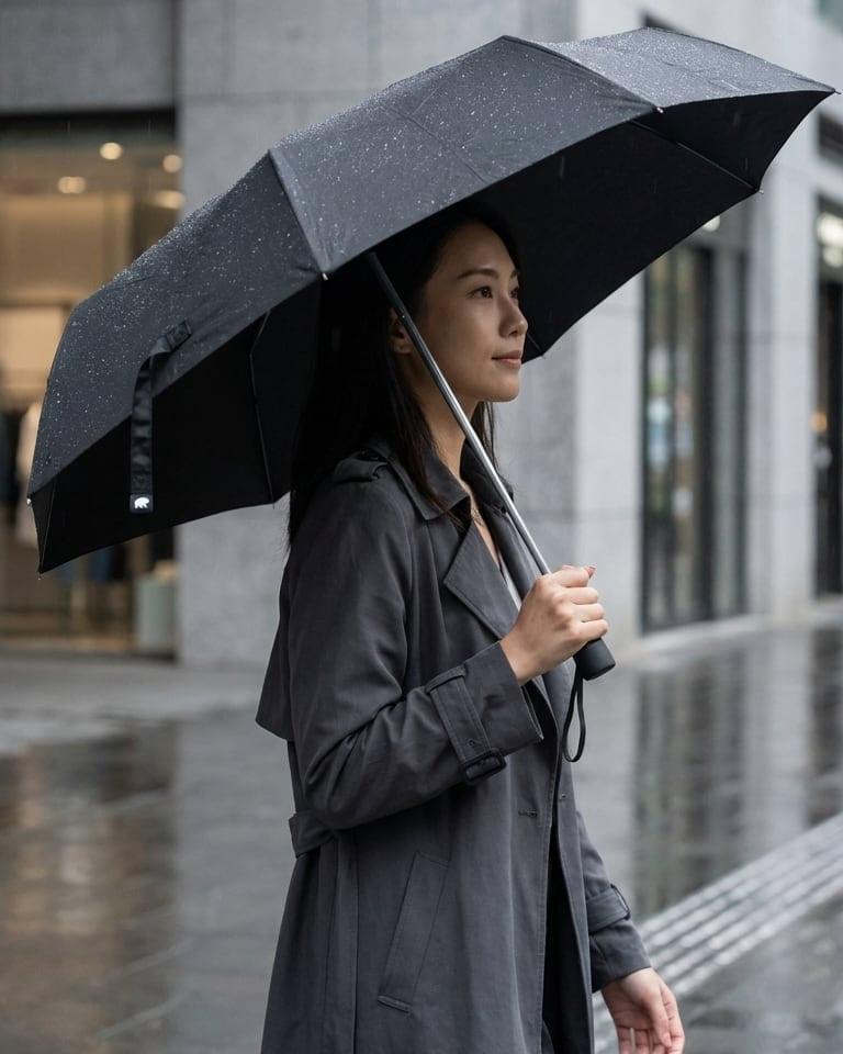女士在城市雨中撐著黑色的 Umbear 輕量雨傘，展示這款防UV的時尚便攜縮骨遮。