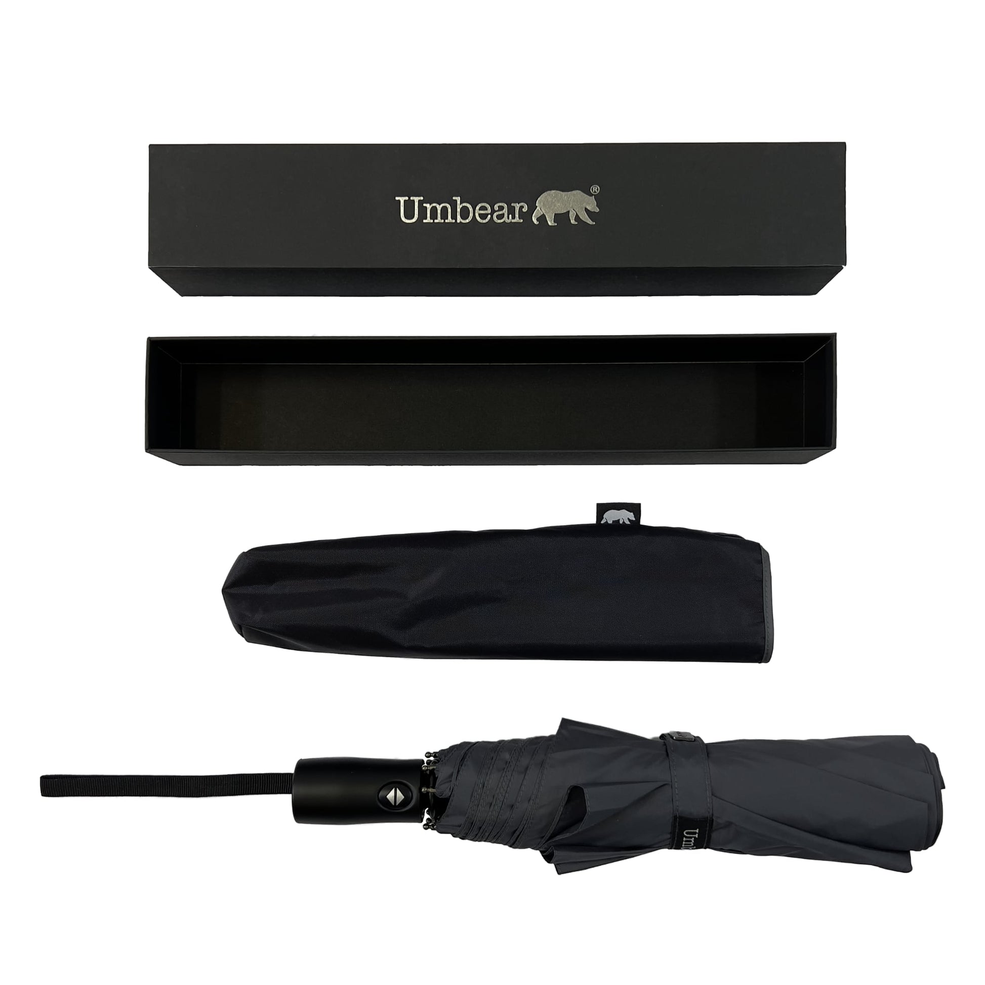 Umbear 灰色自動55吋安全式開收防風超潑水縮骨遮雨傘傘套及收納盒