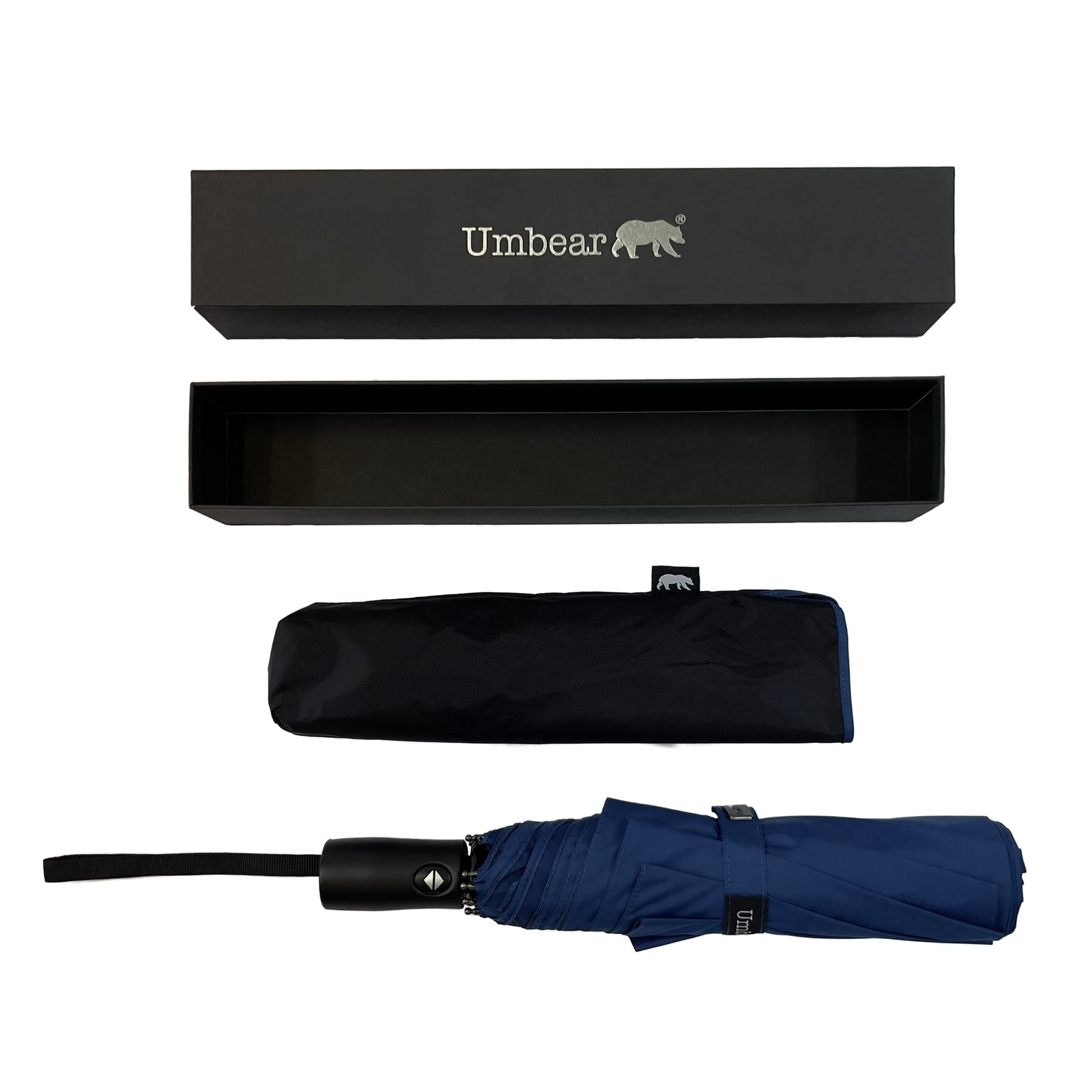 Umbear 藍色自動55吋安全式開收防風超潑水短雨傘縮骨遮傘套及收納盒